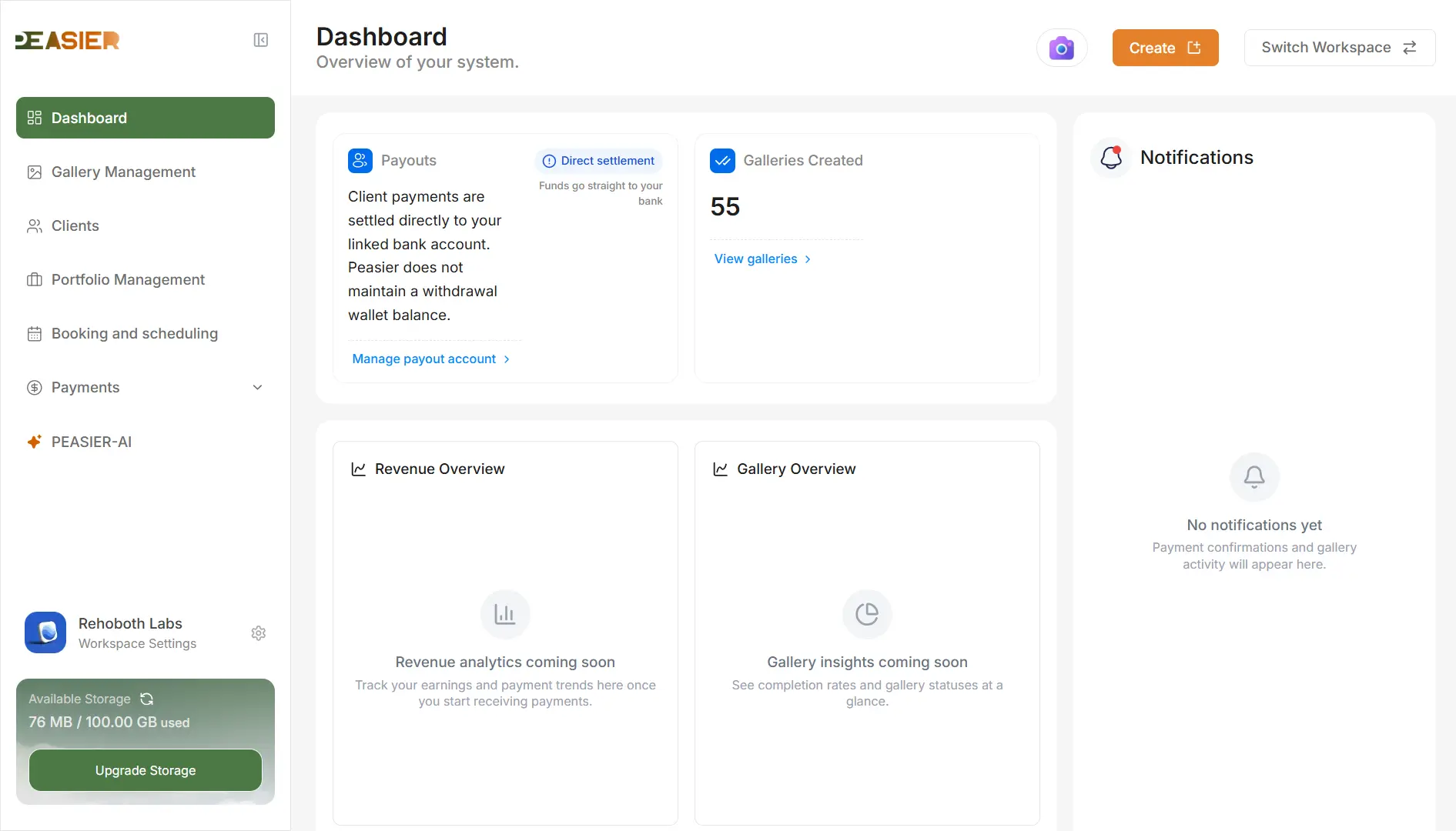 Peasier dashboard preview